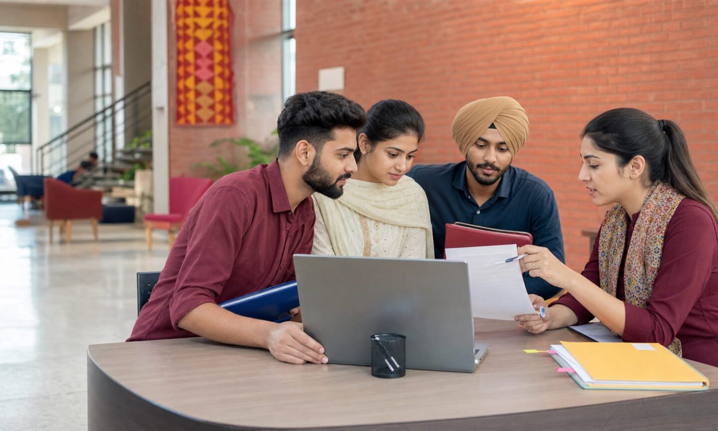 Punjab postgraduate applicants reviewing merit and counselling documents at an admission help desk