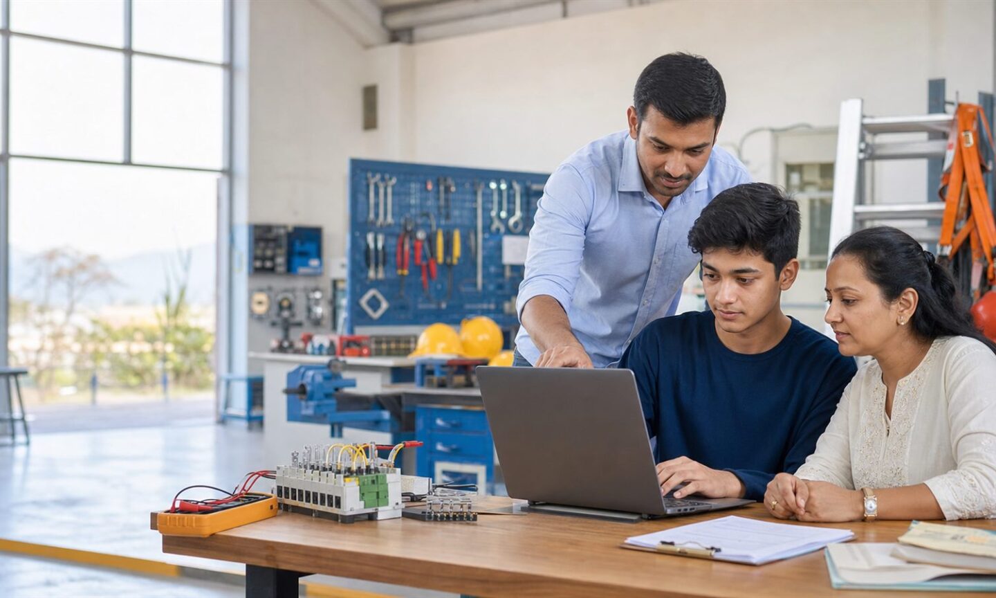 Class 10 student and parent completing an RGIPT diploma application in an engineering workshop