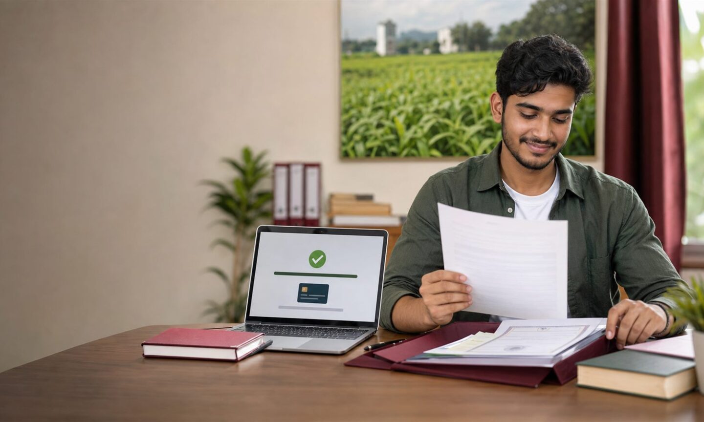 RKMVERI agriculture student reviewing a selection letter and preparing admission documents for online fee payment