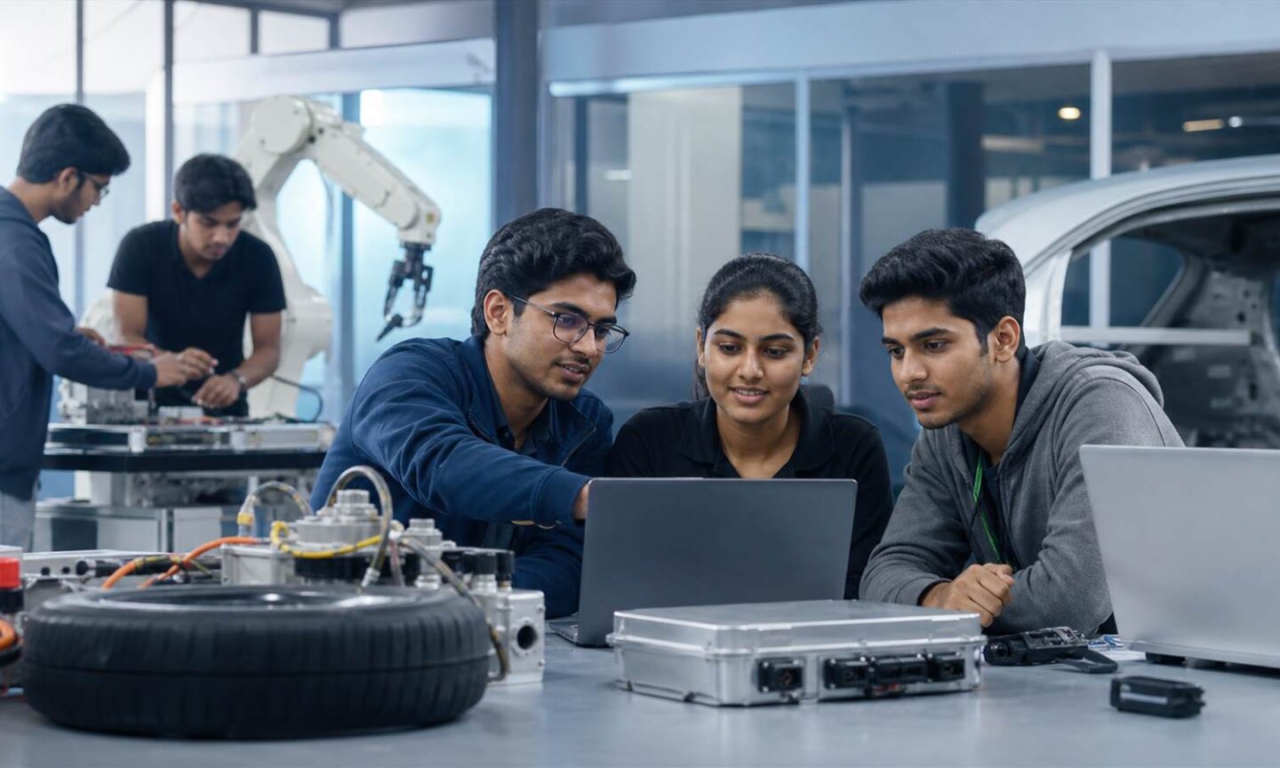 Graduates learning artificial intelligence and electric vehicle skills in a university laboratory
