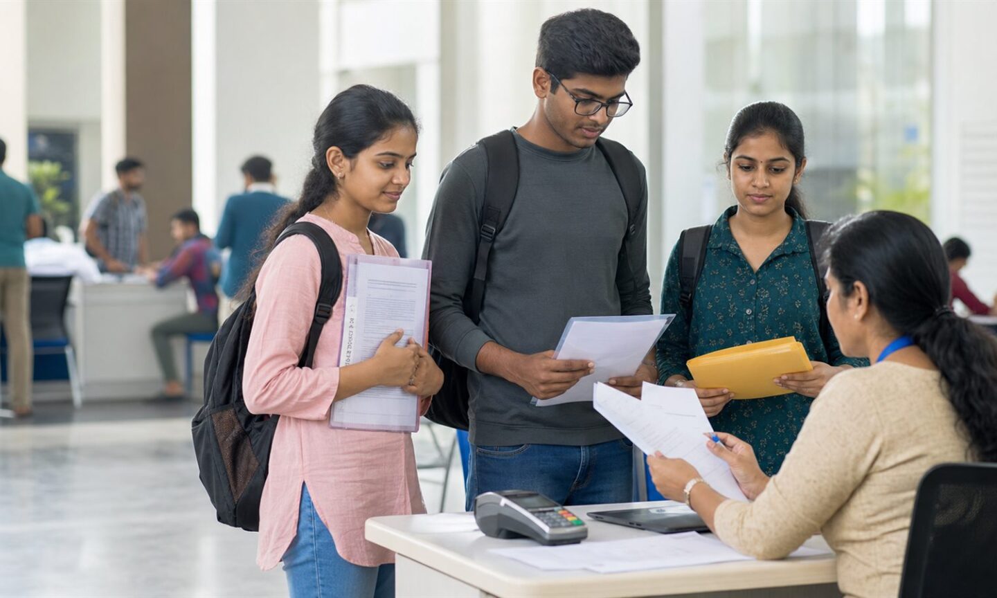 Indian students carrying documents at an SVSU 2026 physical admission counselling desk