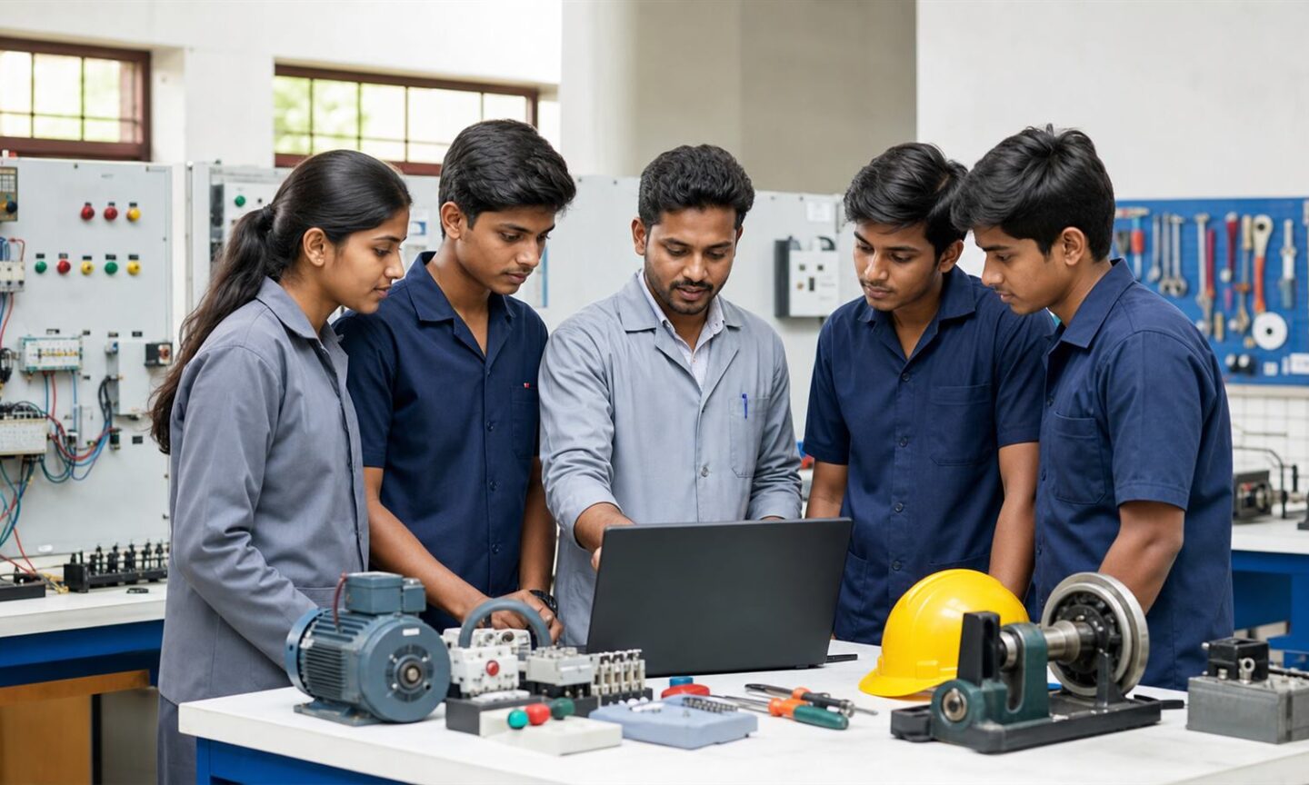 Tamil Nadu ITI students reviewing vocational trade admission options with an instructor