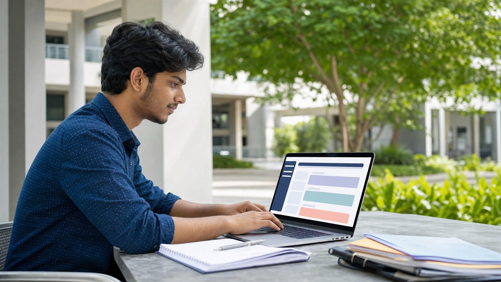 Indian engineering student reviewing TG EAPCET 2026 counselling choices on a laptop at a Telangana college campus