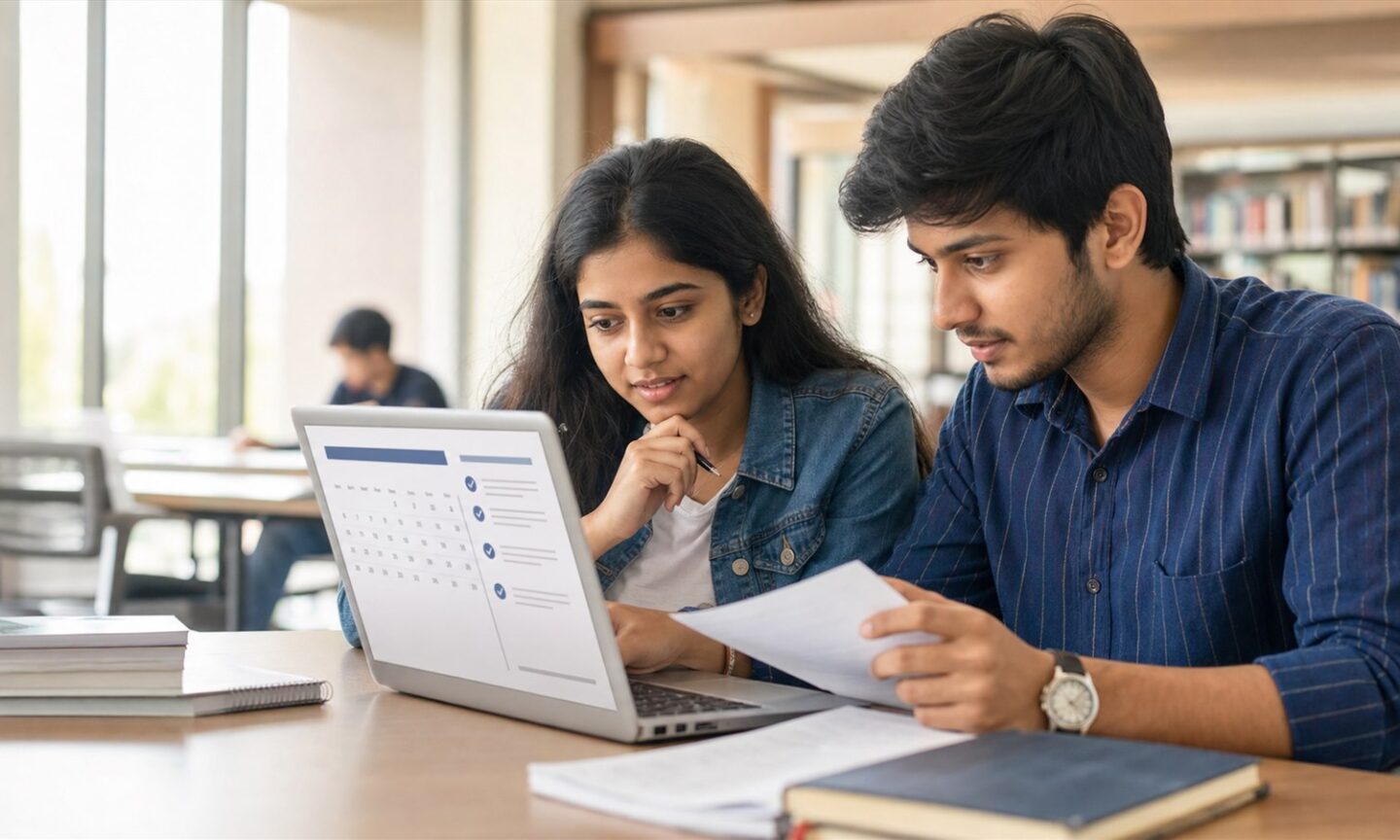 Indian university applicants checking an online counselling and admission fee schedule