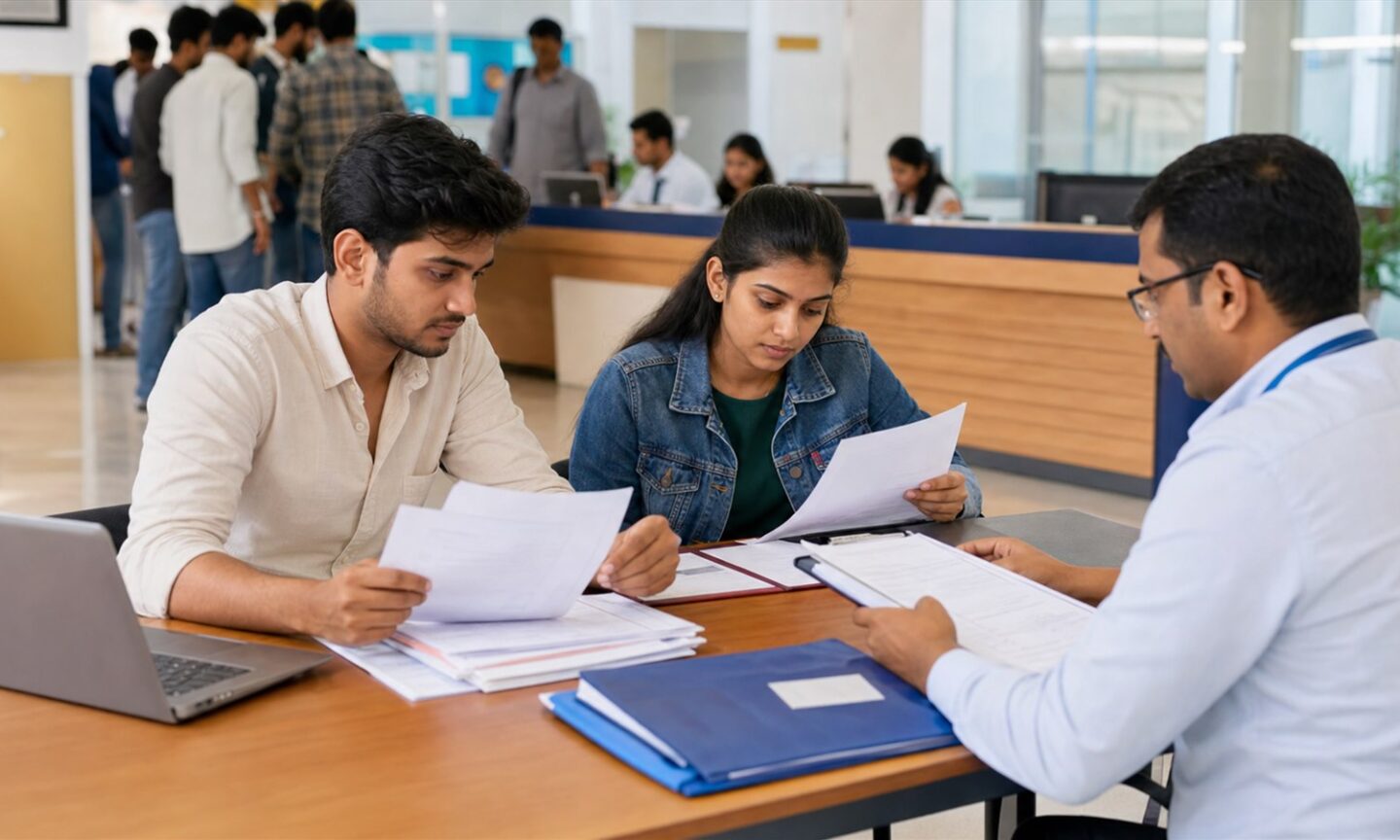 Indian MBA applicants presenting documents to a university counsellor