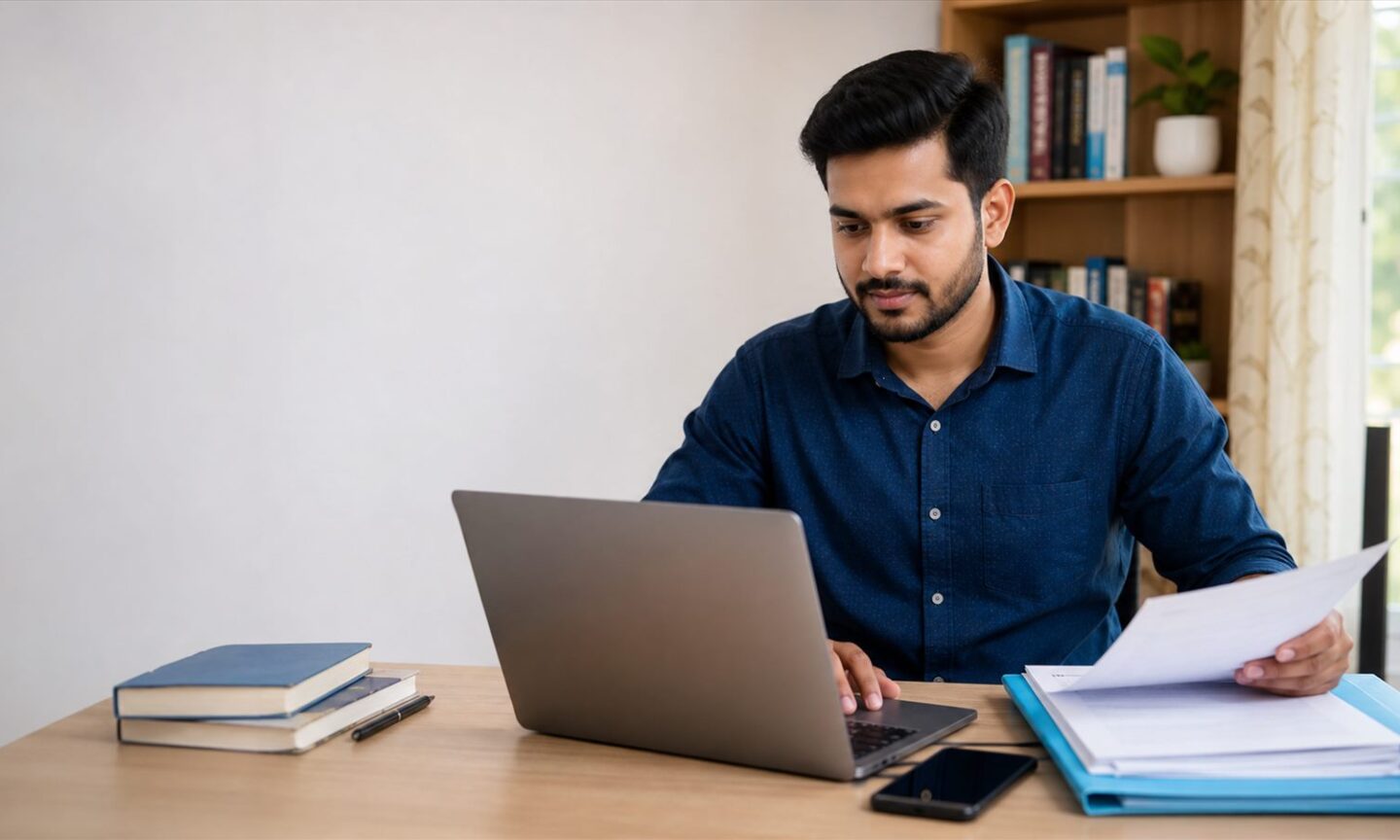 Distance-learning applicant completing an online university admission form with academic documents