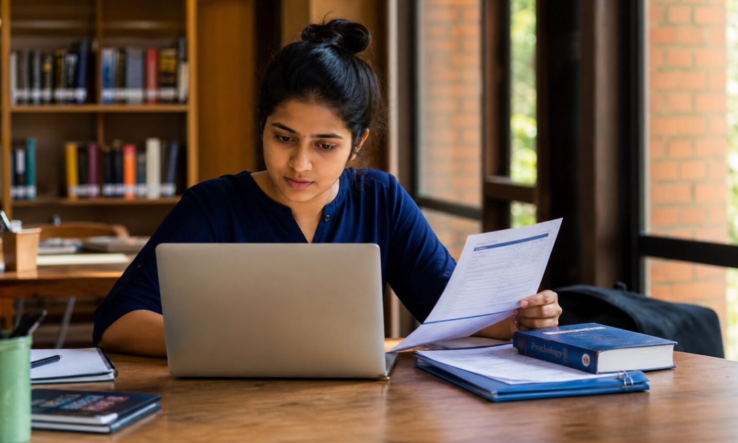 Indian psychology applicant checking a CUAP counselling shortlist and online fee payment