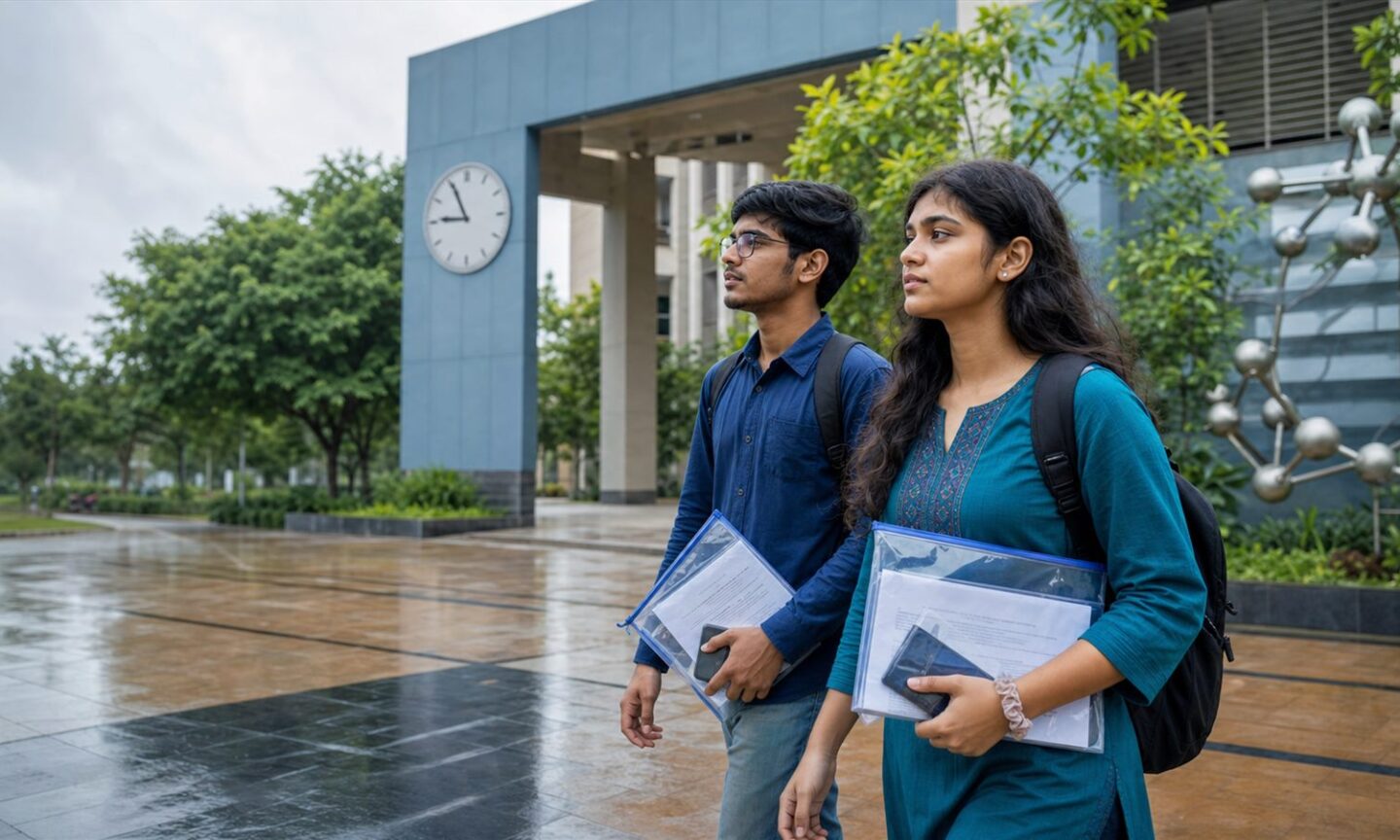 Indian science students arriving at a university campus with admission documents before 9 AM